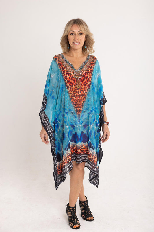 Short Chiffon - Blue Animal Print Kaftan